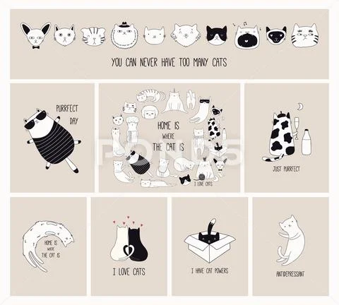 Cute Cat Doodles Cards Set