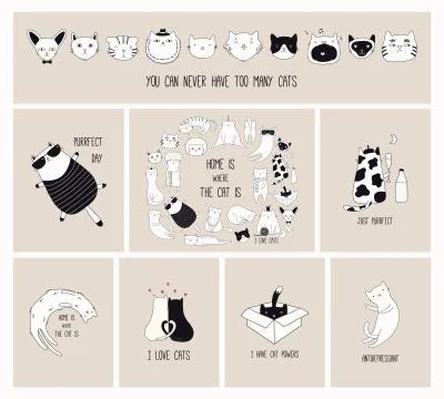 Cute cat doodles cards set Stock Illustration