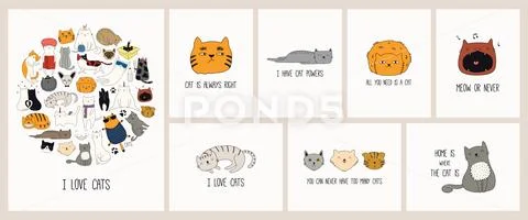 Cute Cat Doodles Cards Set