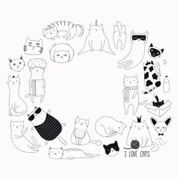 Cute cat doodles circle frame design Stock Illustration
