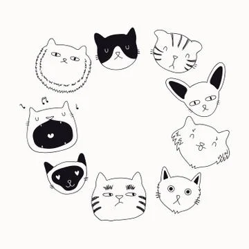 Cute cat doodles circle frame design Stock Illustration