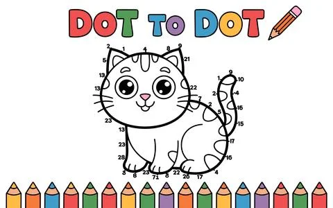 Cute cat dot to dot activity with colorful pencils Stock Illustration