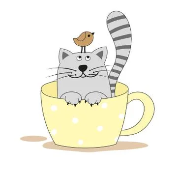 Cute cat in a dotted cup in a hand-drawn style. Stock Illustration