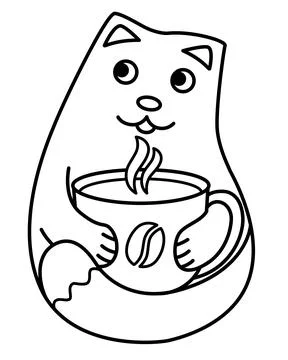 Cute cat drinks coffee from a cup - vector linear picture for coloring. Outline. Stock Illustration