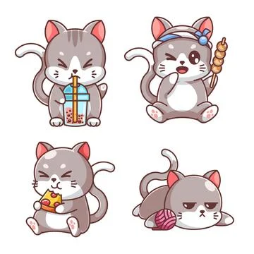 Cute cat eating and drinking, cartoon style set Stock Illustration