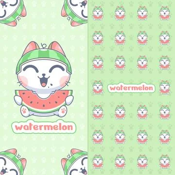 Cute cat eating watermelon Stock Illustration