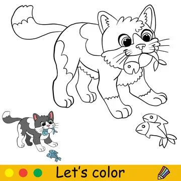 Cute cat eats a fish coloring with template Stock Illustration