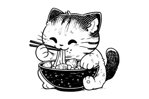 Cute cat eats noodles hand drawn ink sketch. Vector illustration. 스톡 일러스트