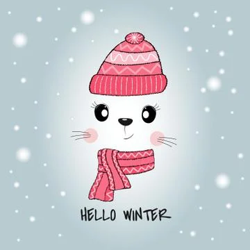 Cute cat face in hat with message Hello Winter isolated in blue background. Stock Illustration