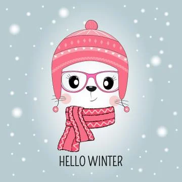 Cute cat face in hat with message Hello Winter isolated in blue background. Stock Illustration