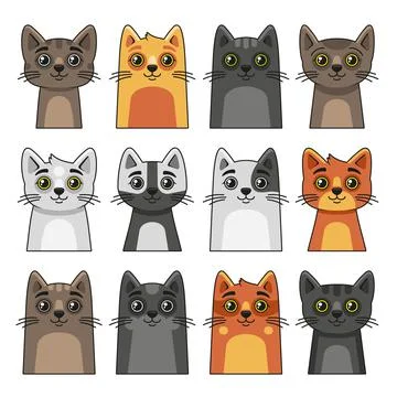 Cute Cat Face Icon Set. Cartoon Style on White Background Vector Illustrazione stock