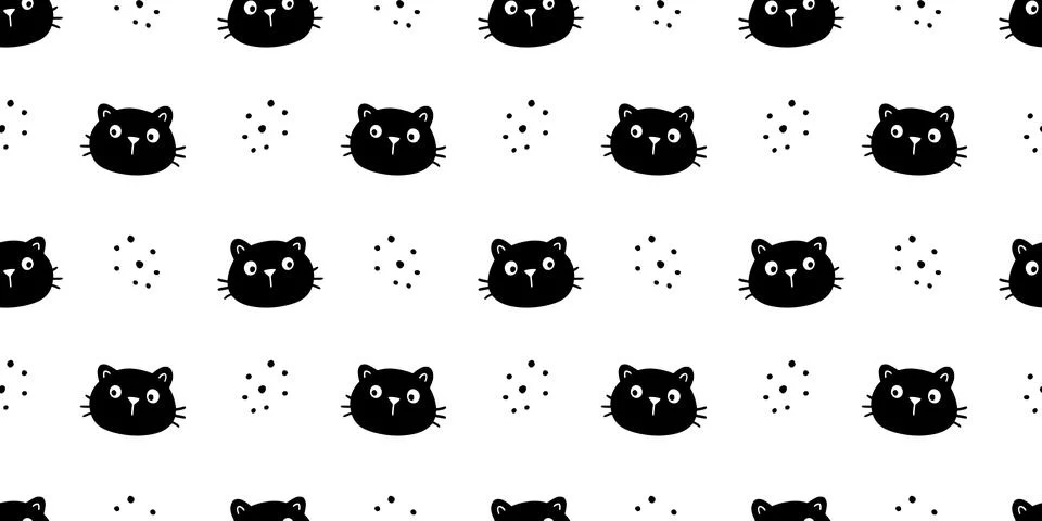 Cute cat face pattern seamless. Hand drawn sketch doodle kitty black face on Stock Illustration