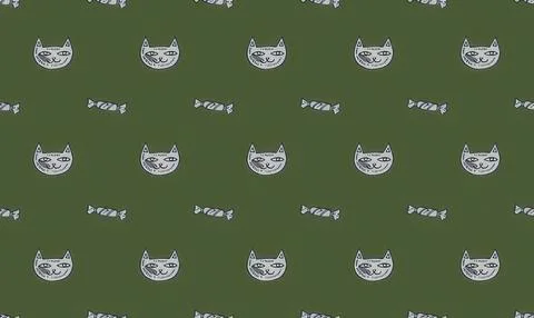 Cute cat faces and candy illustrations on green background Stock Illustration