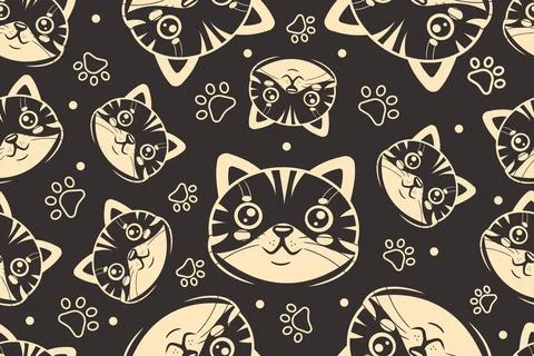 Cute Cat Faces and Paw Prints Seamless Pattern Stock-Illustration