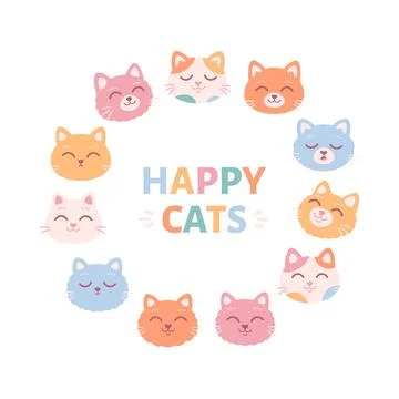 Cute cat faces. Cat characters with different emotions and facial expressions Stock Illustration