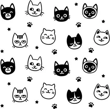 Cute cat faces doodle seamless pattern Stock Illustration