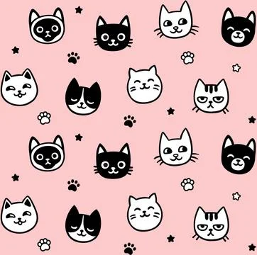Cute cat faces doodle seamless pattern Stock Illustration