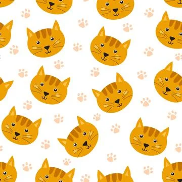Cute cat faces seamless pattern. Background in cartoon style with funny feline Stock Illustration