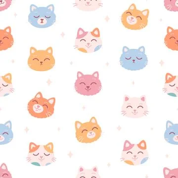 Cute cat faces seamless pattern. Cat characters with different emotions Иллюстрация