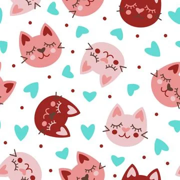 Cute cat faces seamless vector pattern. Hand drawn flat cartoon background Stock Illustration