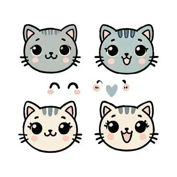 Cute cat faces set. Weather icons, kids friendly design. Smile and heart cl.. Stock Illustration