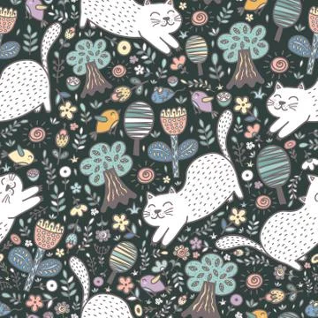 Cute cat in the forest seamless pattern Stock Illustration