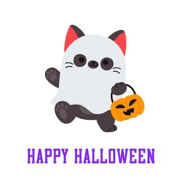 Cute Cat in Ghost Costume Holding Pumpkin Bucket Happy Halloween Illustrazione stock
