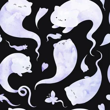 Cute cat ghosts, hand drawn vector watercolor Stock Illustration