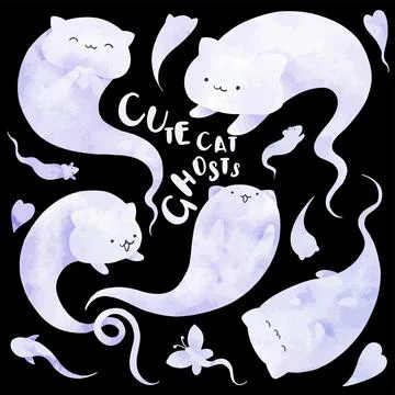 Cute cat ghosts, hand drawn vector watercolor Stock Illustration