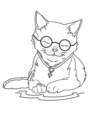 Cute cat with glasses vector coloring page Stock Illustration