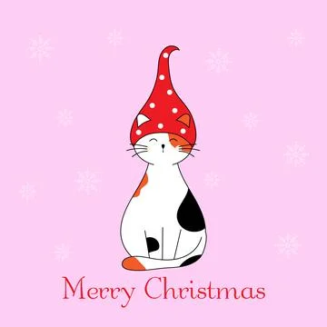 Cute cat in a gnome hat. Doodle style illustration. Christmas greeting card. Stock Illustration