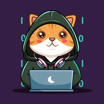Cute Cat Hacker with Laptop Vector Illustration Kawaii Animal Stock-Illustration