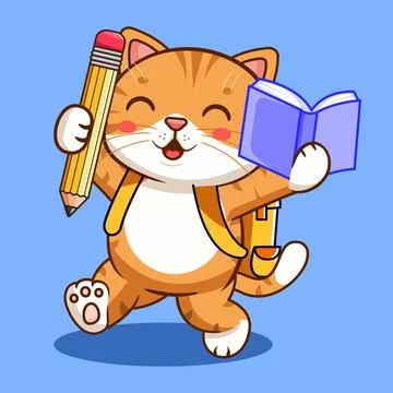 Cute Cat Happy Back To School with Book and Pencil Vector Illustration 스톡 일러스트