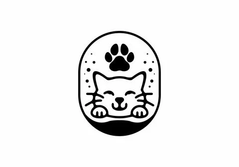 Cute cat head in oval shape line art Stock Illustration
