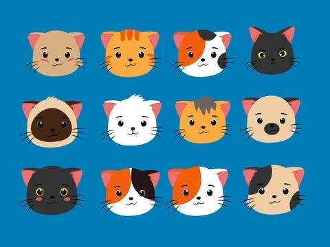 Cute Cat Heads Collection from Various Breeds in Chibi Kids Illustration Style Stock Illustration
