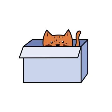 Cute cat hiding in the box. Funny feeling character sitting inside the cardboard Stock Illustration
