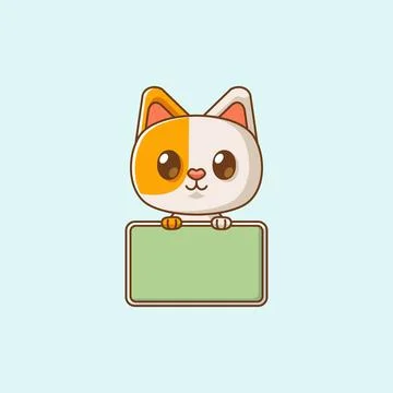 Cute cat hold blank space board banner kawaii chibi character masco Stock Illustration