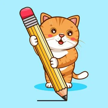 Cute Cat Holding and Drawing with a Big Pencil Vector Illustration Kawaii Animal Stock Illustration