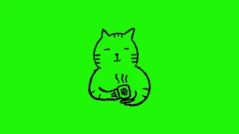 Cute cat holding a cup of coffee looping animation on green background Stock Footage 340269808