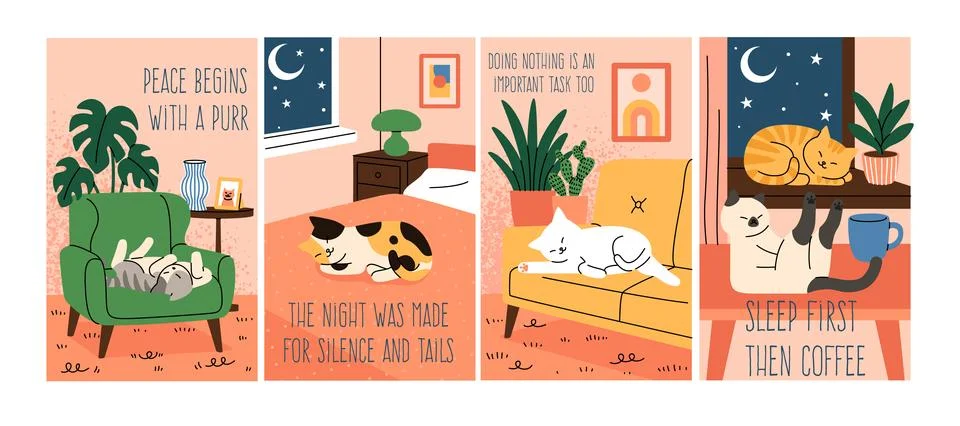 Cute cat at home. Sleeping kittens on bed. Living room with couch and carpet Ilustración de archivo