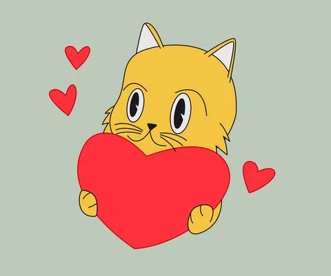 Cute Cat Hugging Big Red Heart Love and Affection Illustration Stock Illustration