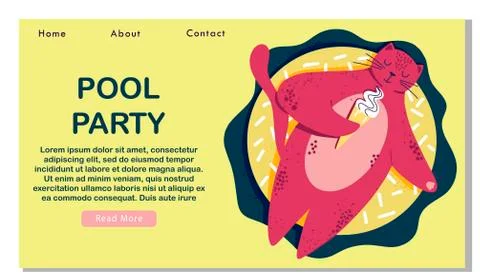 Cute cat on inflatable pool float. Landing page template. Pool party landing 스톡 일러스트