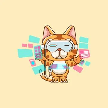 Cute cat interact virtual reality glasses vr kawaii chibi character mascot Illustrazione stock