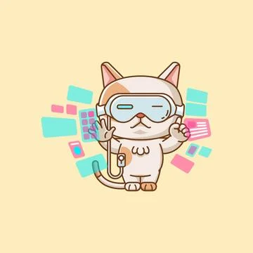 Cute cat interact virtual reality glasses vr kawaii chibi character mascot Illustrazione stock