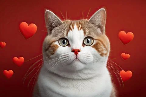Cute Cat, isolated on a background with red hearts Stock Illustration