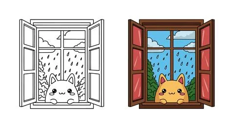 Cute Cat Looking Through Rainy Window Coloring Page For Kids Fun Activity Stock Illustration