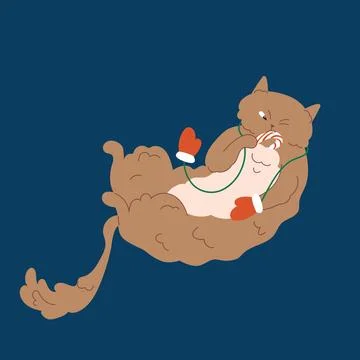 Cute cat lying on back wearing red mitten on a string, holding a peppermint Stock Illustration