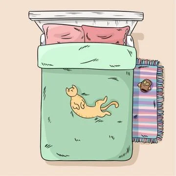 Cute cat lying on the bed belly up. Top view. Cartoon style image Stock Illustration