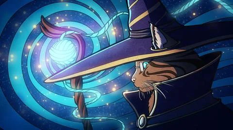 Cute cat magician in a huge pointed wizard hat with ears sticking out of it l Stock Illustration