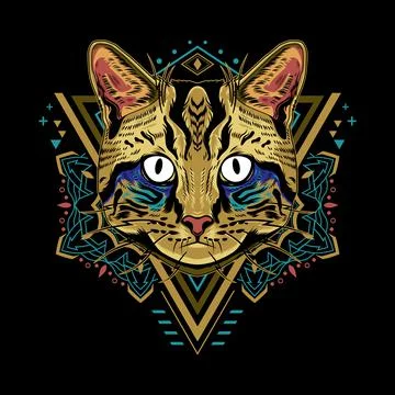 Cute cat mandala geometry vector illustration on black background Stock Illustration